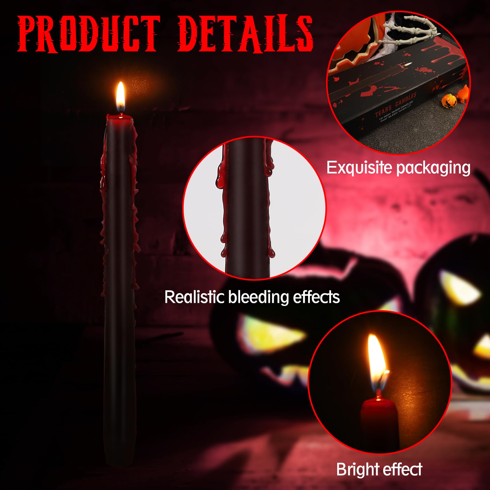Set of 8 Halloween Bleeding Taper Candles 10 inch Black Taper Candles,Tears Taper Candle for Gothic Halloween Decoration