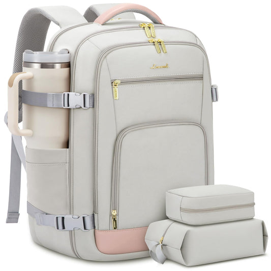 LOVEVOOK 40L Carry-On Travel Backpack for Women with Packing Cubes & Wet Pocket – TSA Approved – Pink Grey