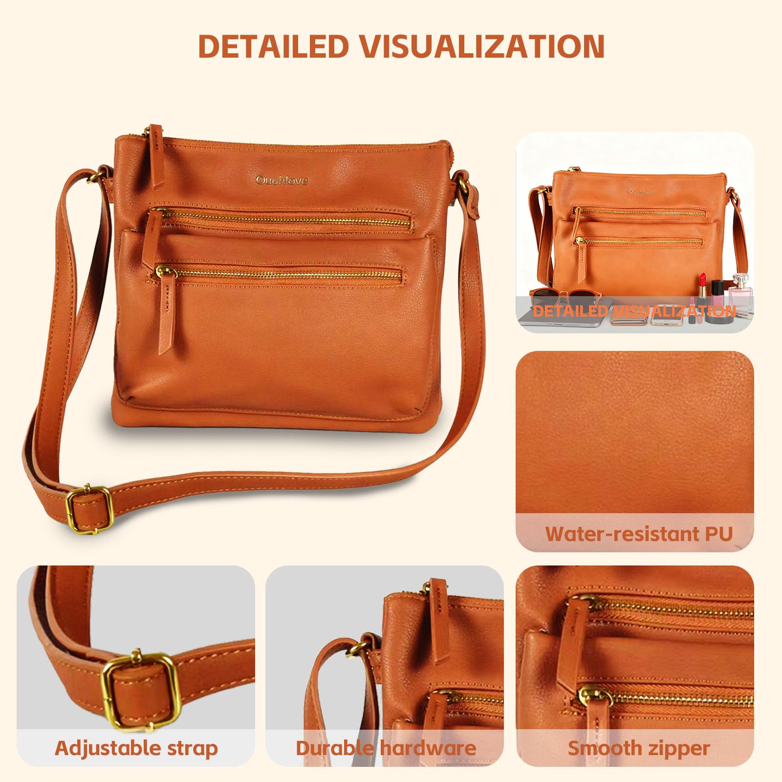 Ouchlove Women’s Vegan Leather Crossbody Bag – Large Multi-Pocket Shoulder Handbag with Adjustable Strap (Brown)