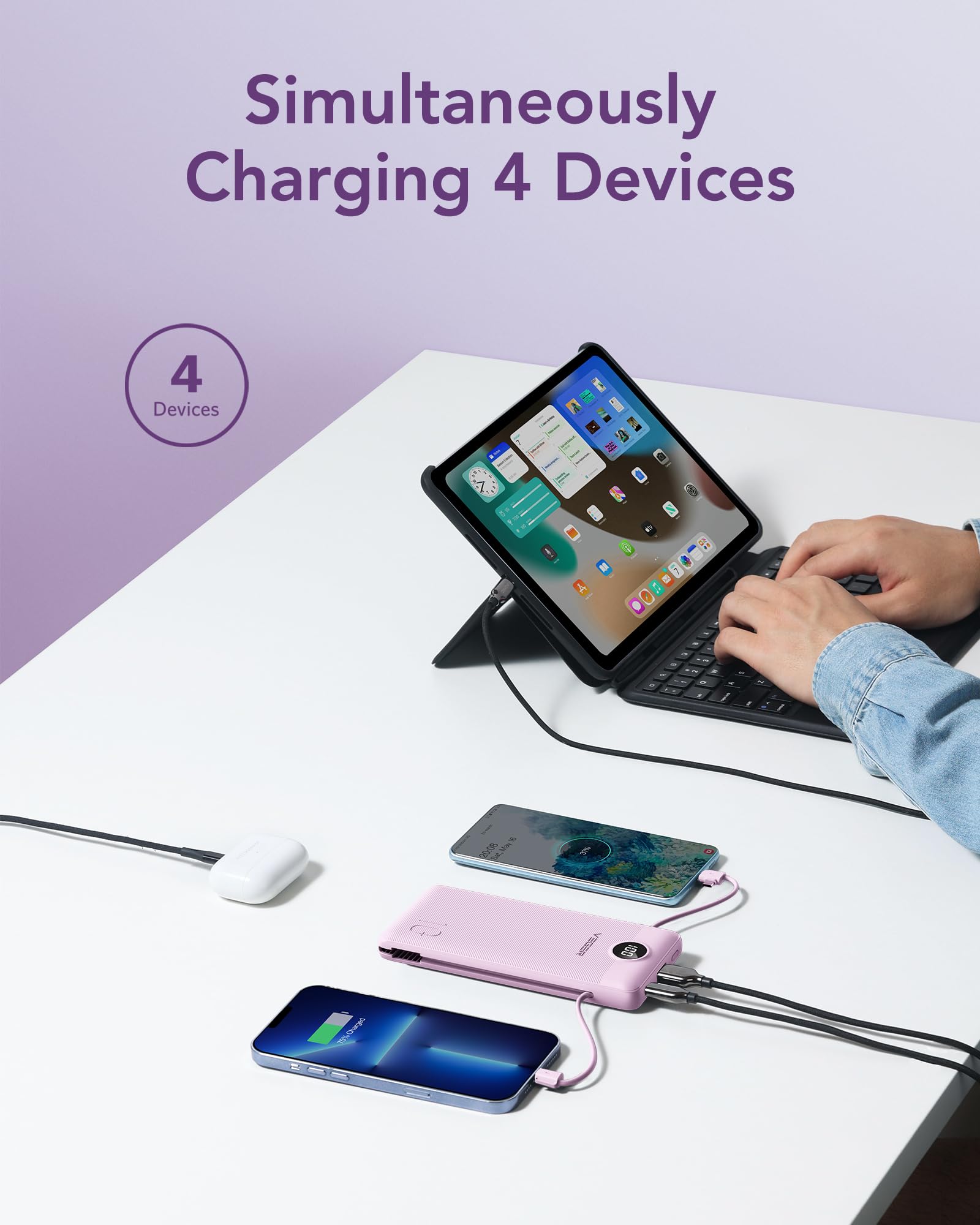 VEGER 10000mAh Power Bank with Built-in Wall Plug & Charging Cables – Slim Portable Charger for iPhone, Samsung & USB Devices