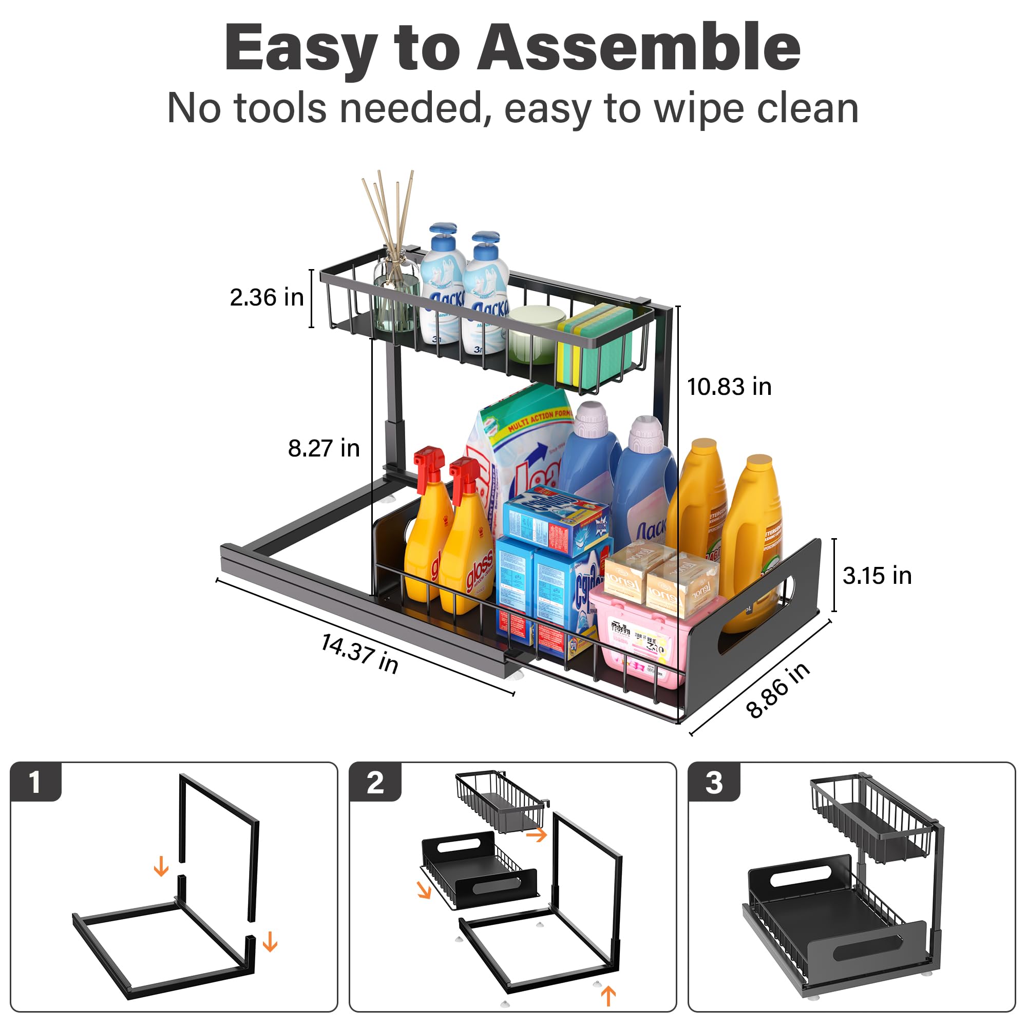 Meratia 2-Pack Under-Sink Pull-Out Cabinet Organizer – L-Shaped Metal Storage Rack with Sliding Drawers