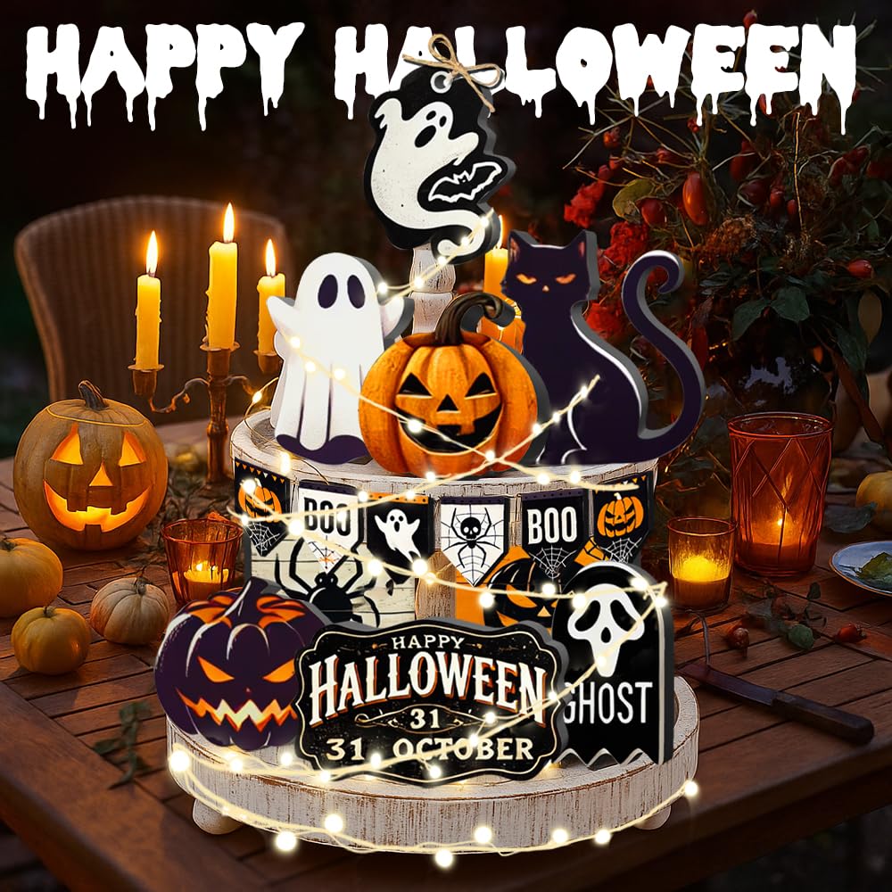Halloween Tiered Tray Decor Set – 17-Piece Wooden Sign Kit with Warm Lights, Ghosts, Pumpkins & Cats
