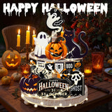 Halloween Tiered Tray Decor Set – 17-Piece Wooden Sign Kit with Warm Lights, Ghosts, Pumpkins & Cats