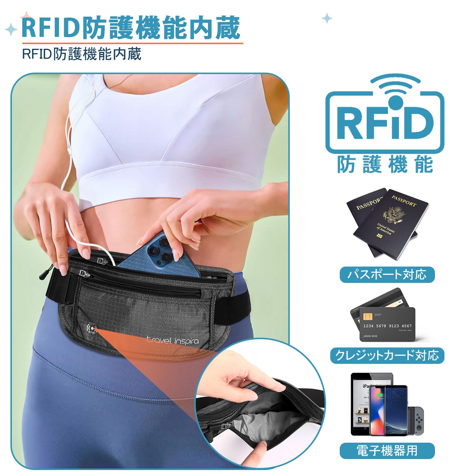 Travel Inspira XL RFID Travel Money Belt – Expanded Anti-Theft Hidden Pouch with Secure Zip (Black)