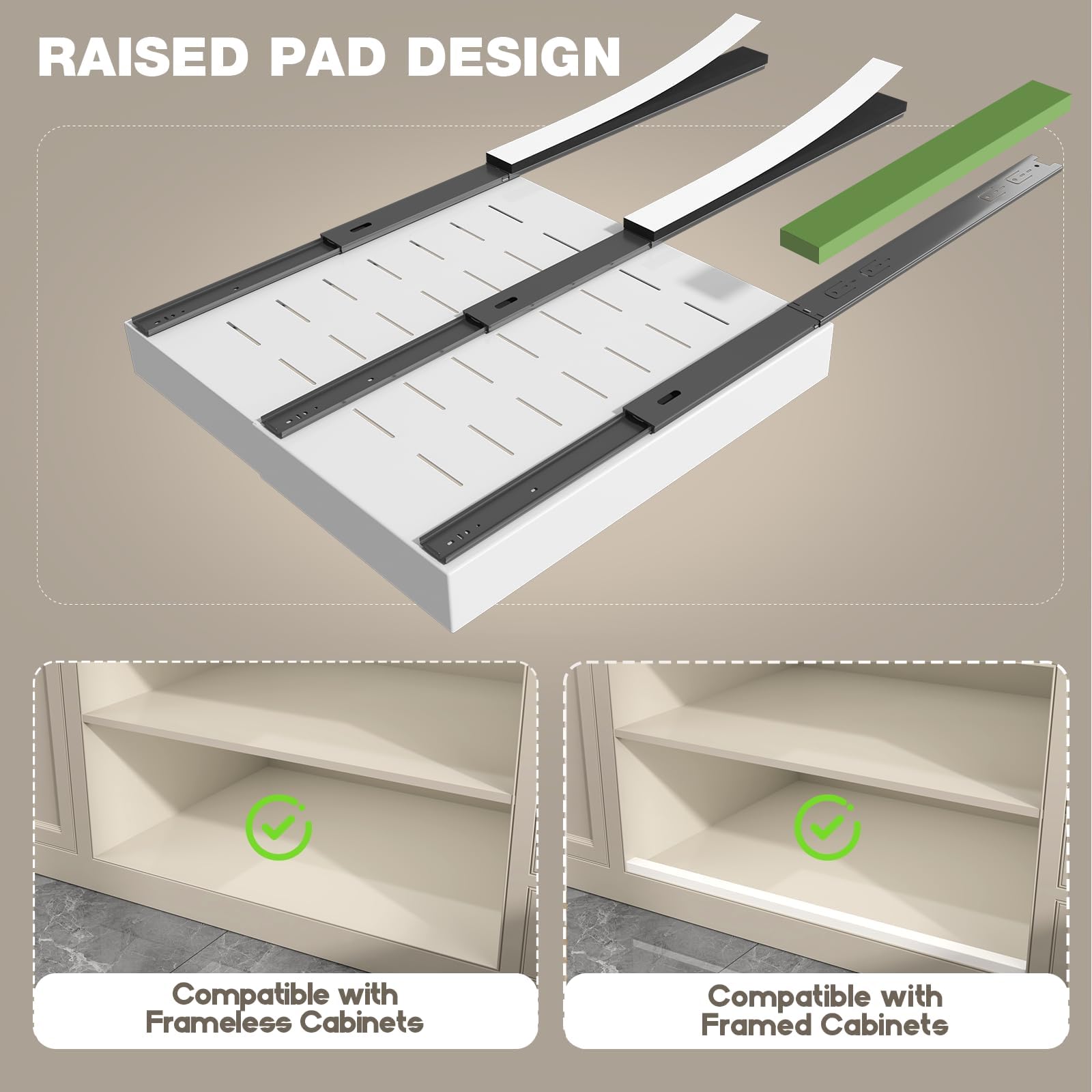 Full-Extension Pull-Out Cabinet Organizer – 22” Deep Adjustable Slide-Out Drawer with 3 Rails (White, 2-Pack)
