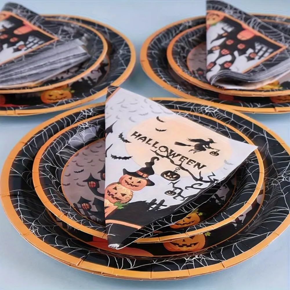Halloween Party Plates & Napkins Set – 50 Pcs Disposable Black Tableware Kit for Spooky Celebrations