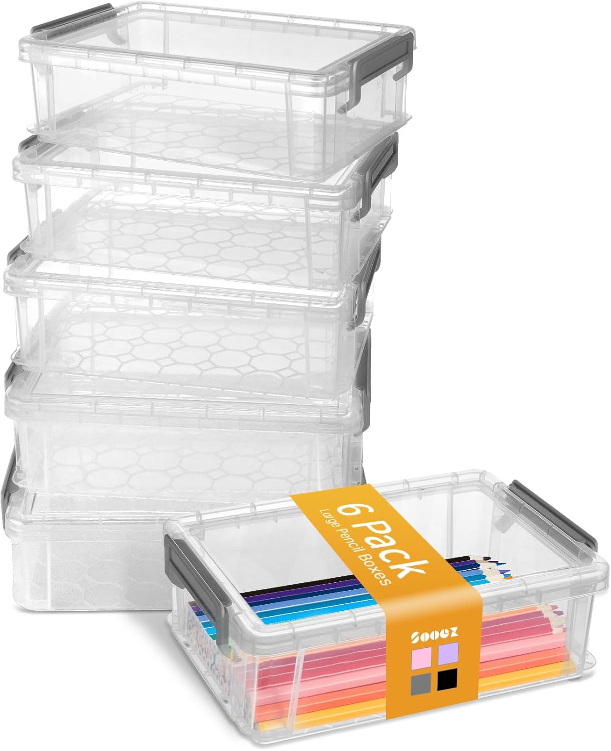 Sooez 6 Pack Extra Large Pencil Box, Plastic Hard Pencil Case Crayon Box Bulk, Clear Marker Organizer Plastic Containers with Lid, Stackable Storage Boxes for Art Craft, Back to School Supplies, Multi