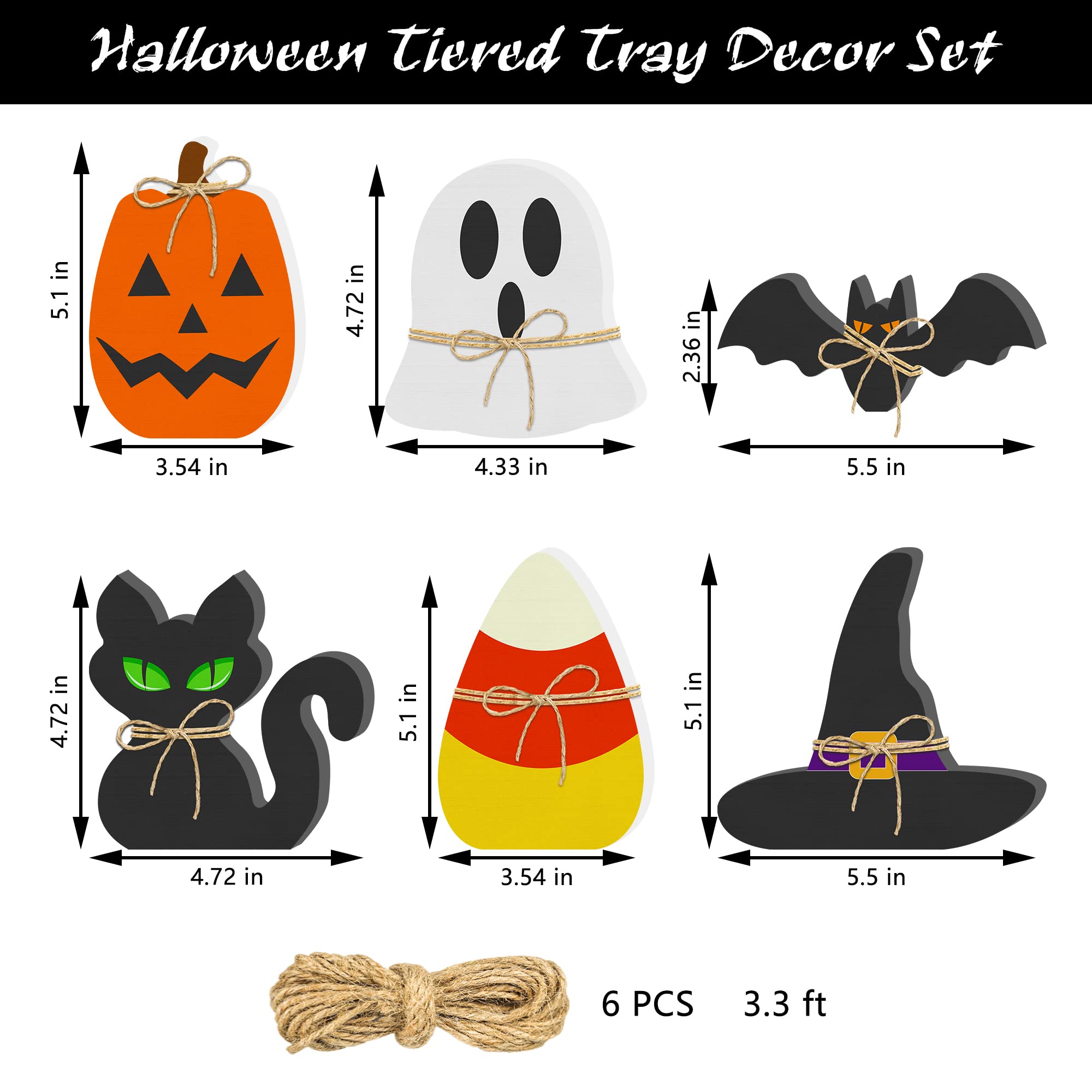 Halloween Wooden Tiered Tray Decor Set – 6PCS Rustic Signs (Pumpkin, Ghost, Cat, Bat, Witch Hat & Candy Corn)