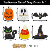 Halloween Wooden Tiered Tray Decor Set – 6PCS Rustic Signs (Pumpkin, Ghost, Cat, Bat, Witch Hat & Candy Corn)
