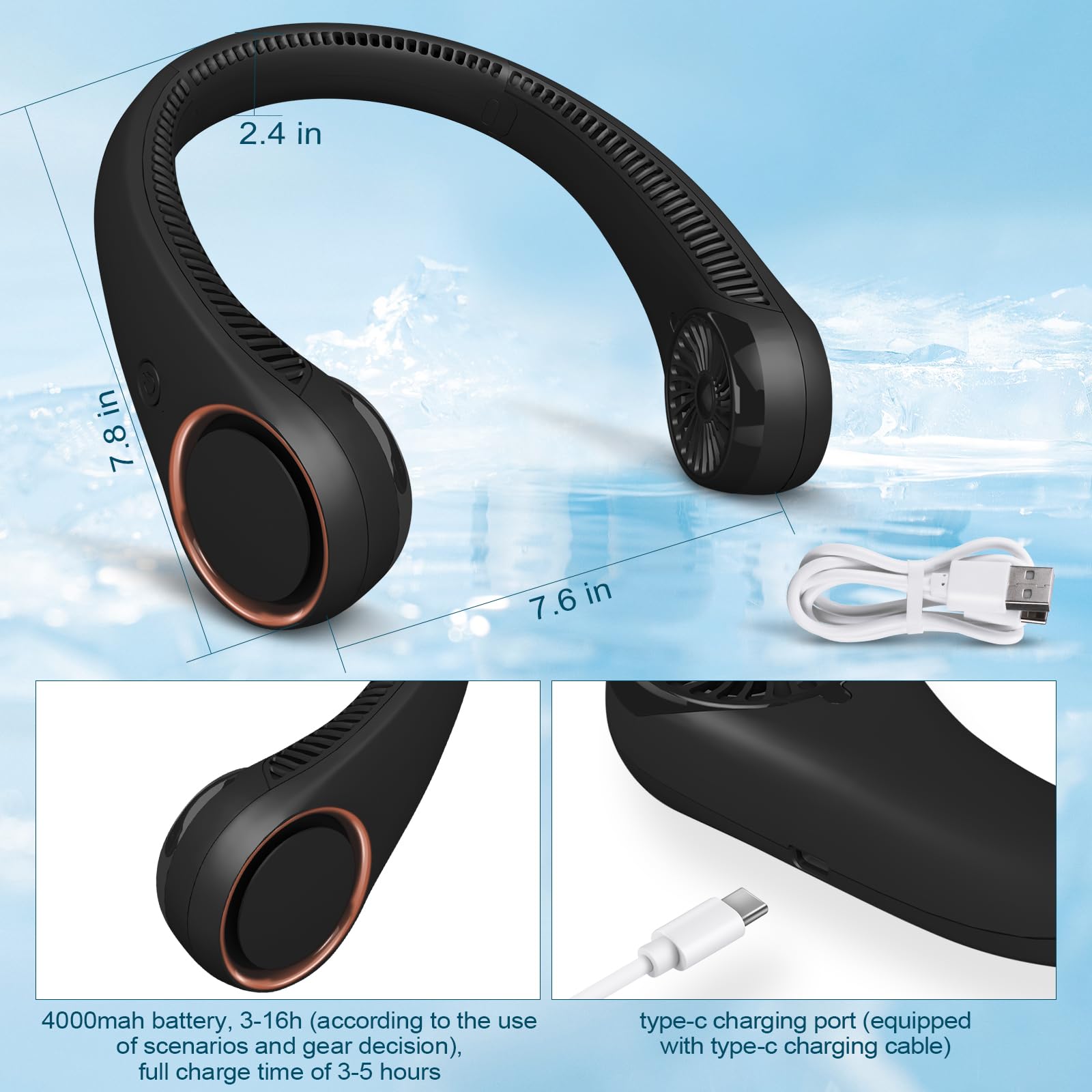 Portable Bladeless Neck Fan with 3 Speeds – USB Rechargeable Hands-Free Cooling Fan for Travel, Outdoor & Office