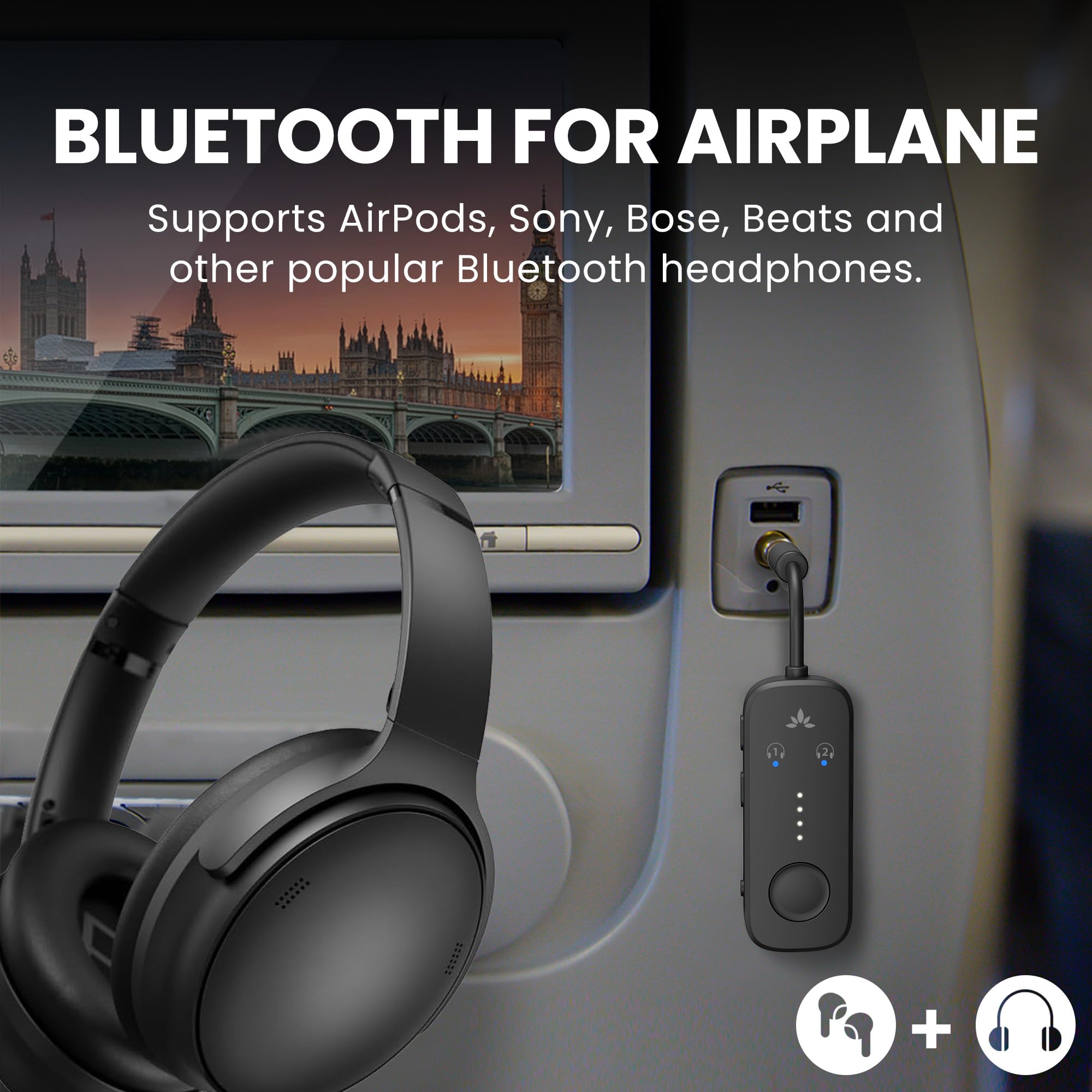 Airplane Bluetooth Audio Transmitter – Wireless 3.5mm Adapter for Bluetooth Headphones with Dual Listening Support