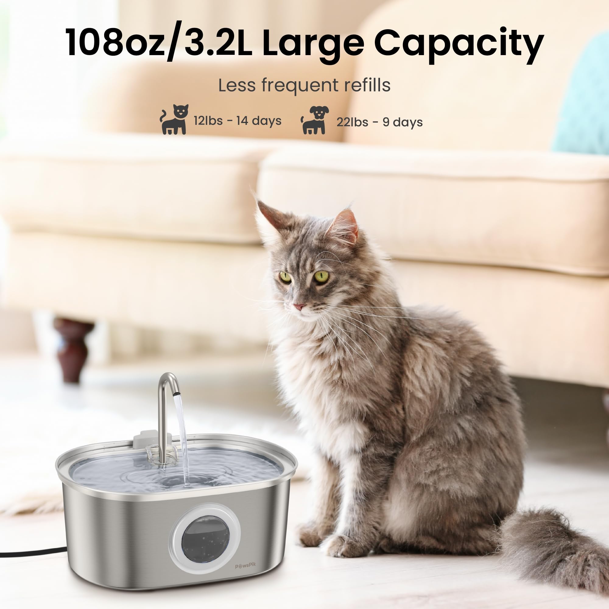PawsPik 18/8 Stainless Steel Cat Water Fountain 13.5 Cups – Ultra Quiet Filtered Drinking System