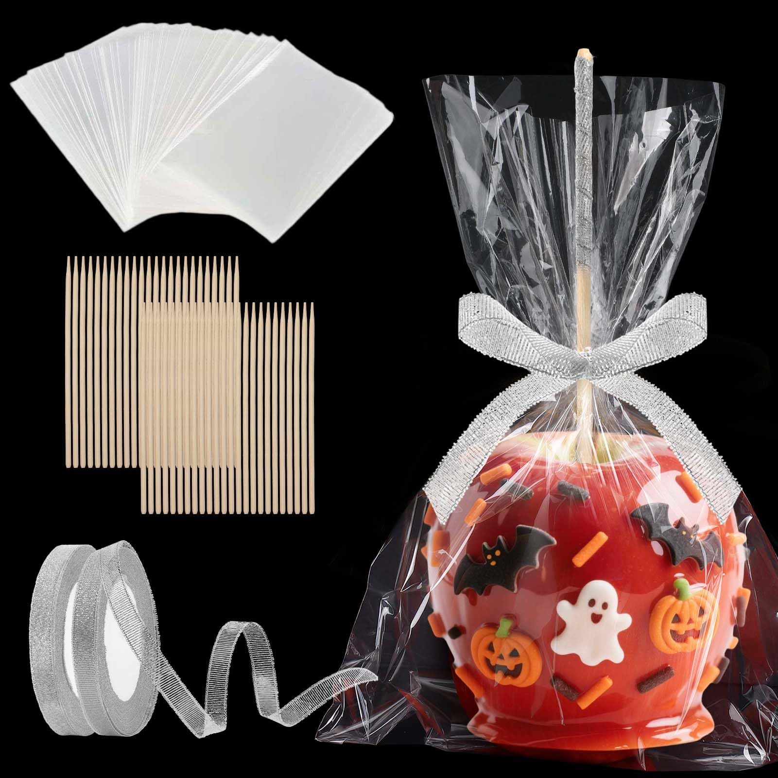 48 Pcs Candy Apple DIY Kit – Silver Glitter Edition 🍬 Includes Bamboo Sticks, Candy Wrapping Glass Paper & Glitter Ribbon