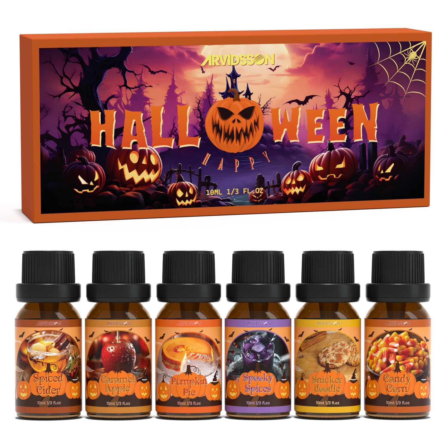 Halloween Fragrance Oil Set – 6 Scents (Pumpkin Pie, Spiced Cider, Caramel Apple, Candy Corn, Snickerdoodle & Spooky Spices) – Essential Oils for Candles, Diffusers & DIY Crafts