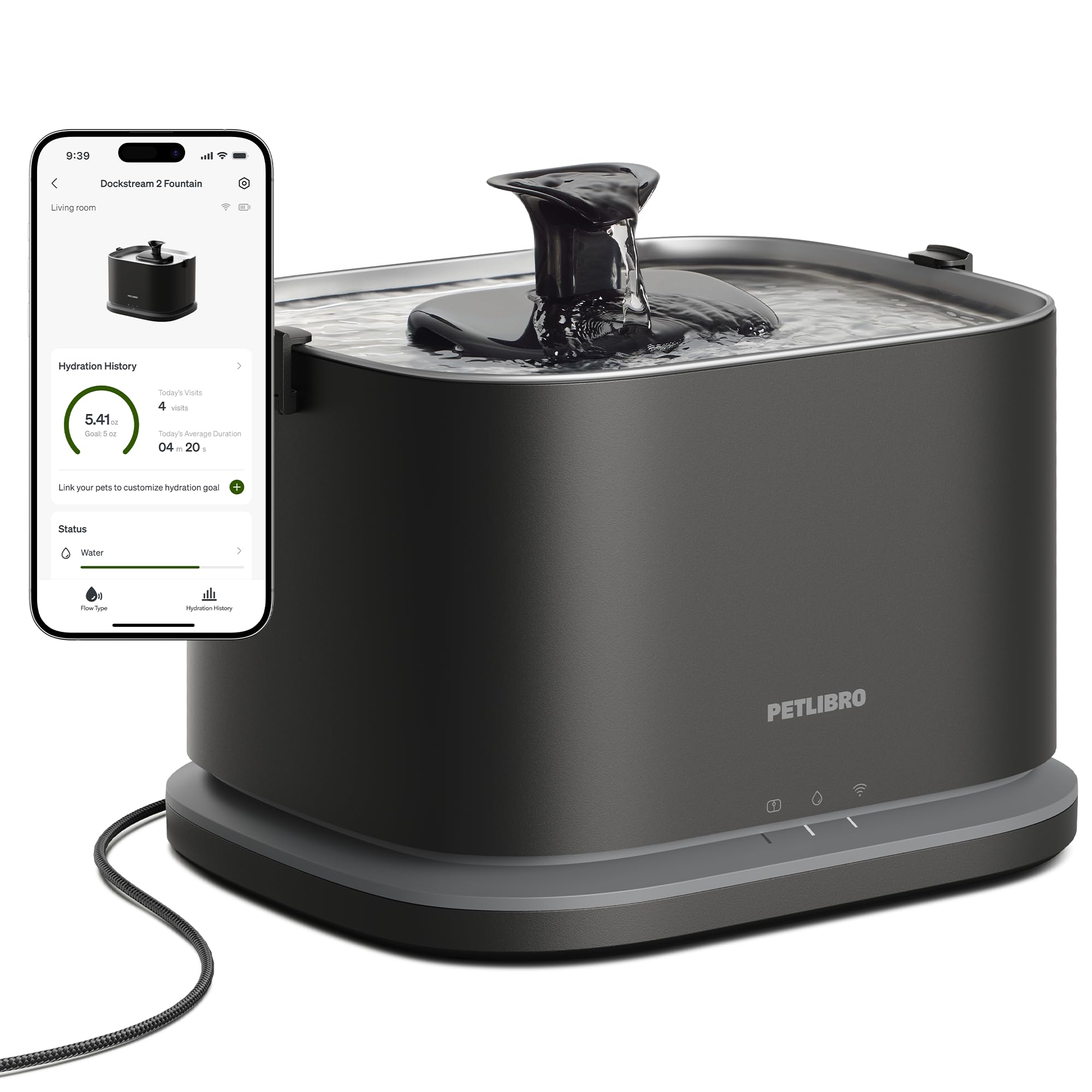 PETLIBRO Dockstream 2 Stainless Steel Smart Cat Water Fountain 3L – WiFi Hydration Tracking (Black)