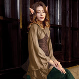 Women’s Medieval Renaissance Corset Dress Set – Khaki & Dark Khaki Elven Archer Costume with Long Ears 🏹✨