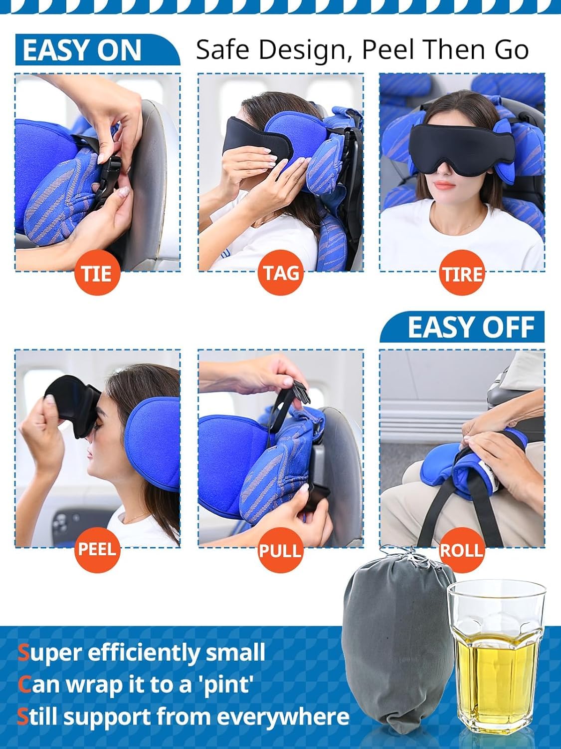 360° Head Support Travel Pillow with Integrated Eye Mask – Compact Airplane Sleep Pillow for Long Flights