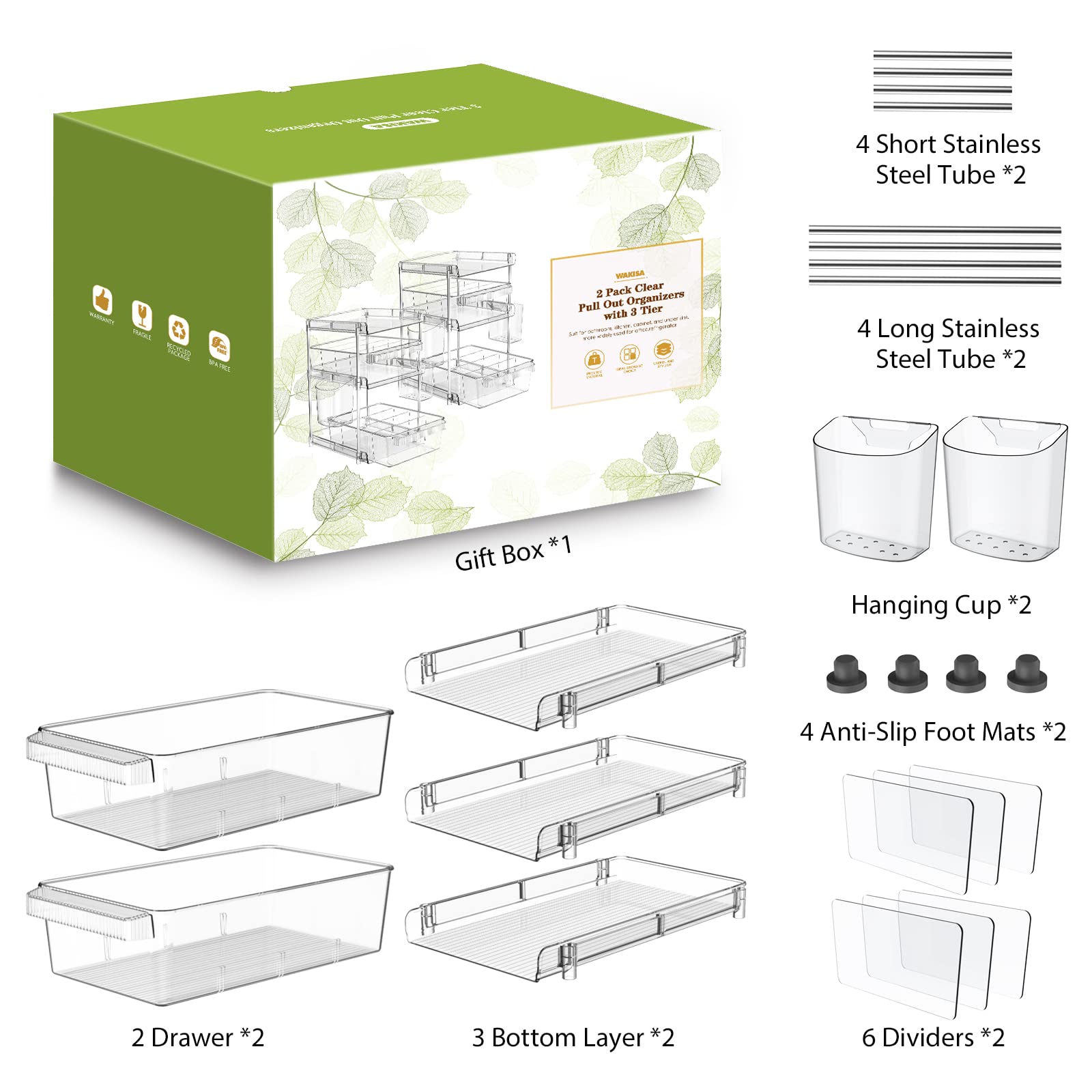 WAKISA Clear 3-Tier Pull-Out Organizer Set – Modular Acrylic Storage Drawers with Adjustable Dividers (Transparent)