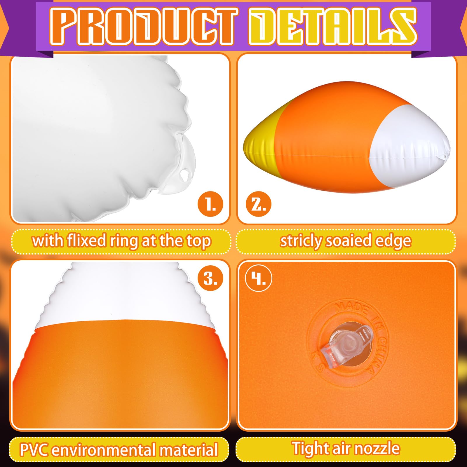 12 Pcs Inflatable Candy Corn Balloons – Waterproof Polyester Halloween Yard & Party Decorations (11.8" Large Blow-Up Candy Corns)