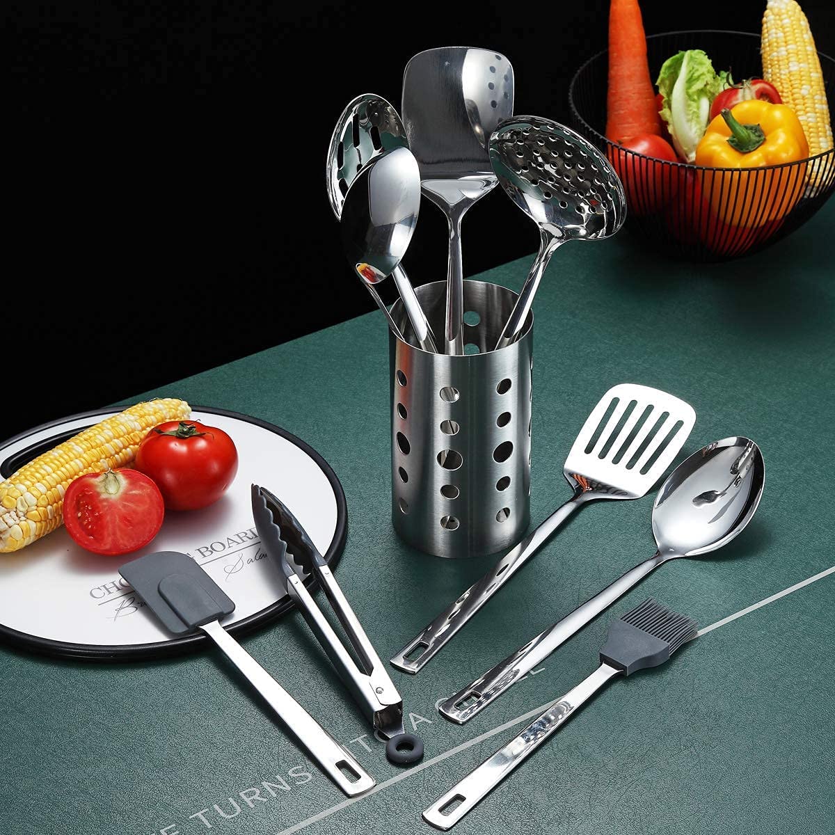 13-Piece Stainless Steel Kitchen Utensil Set with Mirror Finish & Holder – Silver
