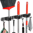 FODARSAI Wall-Mounted Mop & Broom Holder – Stainless Steel Organizer with 5 Grips and 4 Hooks for Home & Garage (Black)