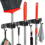 FODARSAI Wall-Mounted Mop & Broom Holder – Stainless Steel Organizer with 5 Grips and 4 Hooks for Home & Garage (Black)