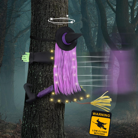 47" Light-Up Crashed Witch Halloween Decoration – Funny Tree Wrap Prop with 8 Lighting Modes & Purple Hair