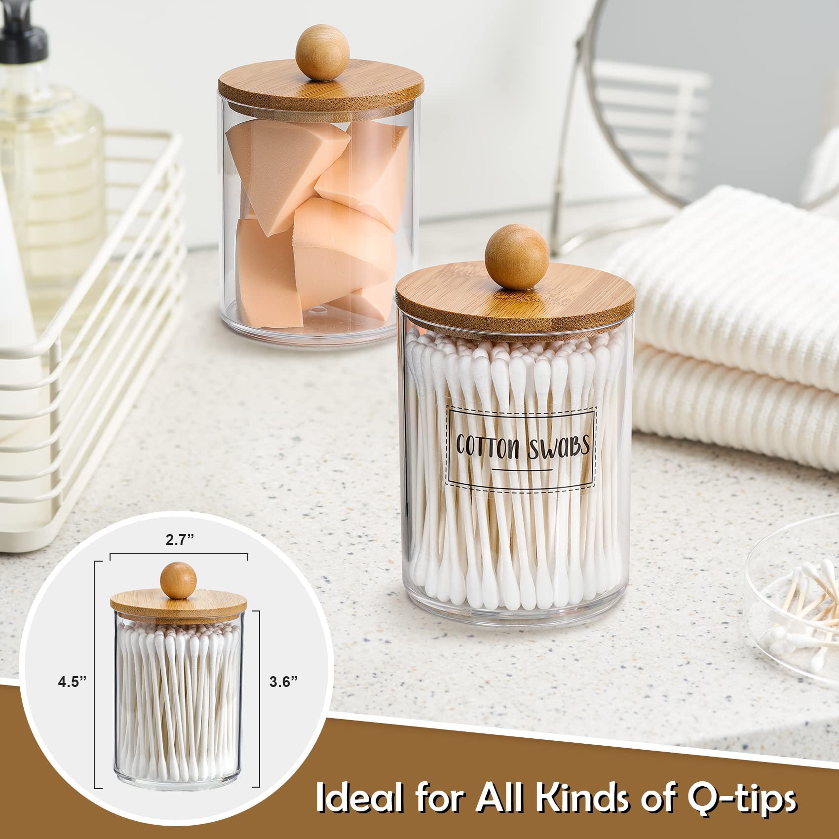 Clear Qtip Holder Dispensers with Bamboo Lids (4-Pack) – 10oz Apothecary Jars for Bathroom & Vanity Organization