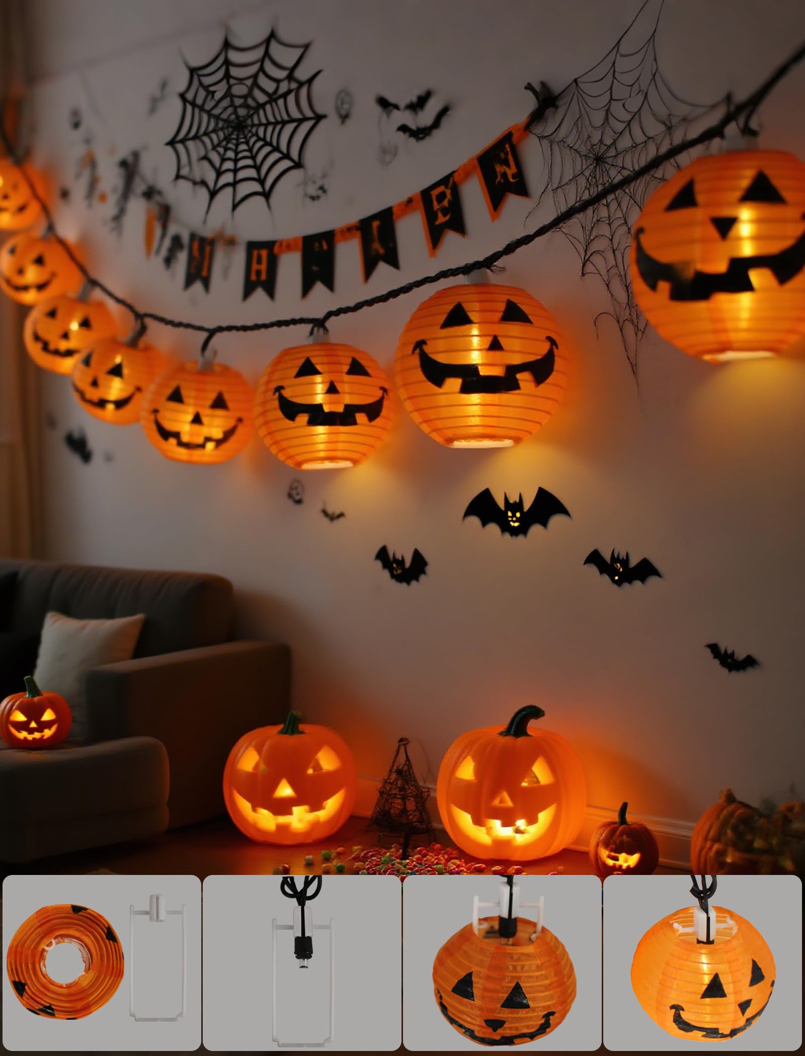 Orange Fabric Pumpkin Lantern String Lights – 12Ft, 20 LED UL Certified, Indoor/Outdoor Halloween Decor