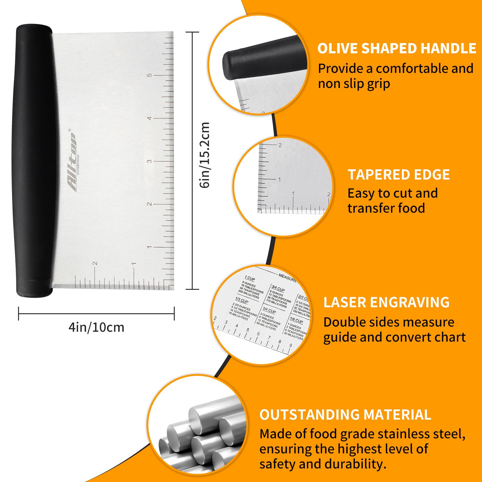 Stainless Steel Bench Scraper with Measurement Marks – Ergonomic Dough & Pastry Cutter