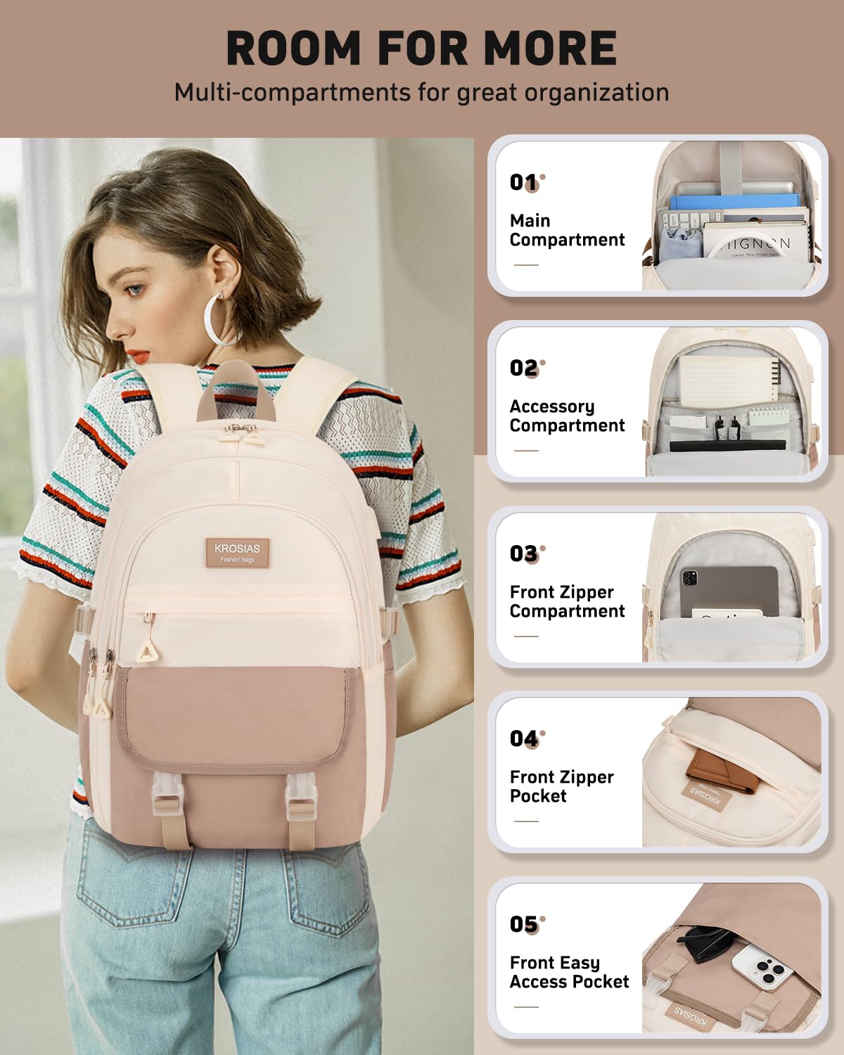 KROSias Lightweight School Backpack for Teen Girls & Women – 15.6 Inch Laptop Bookbag 30L