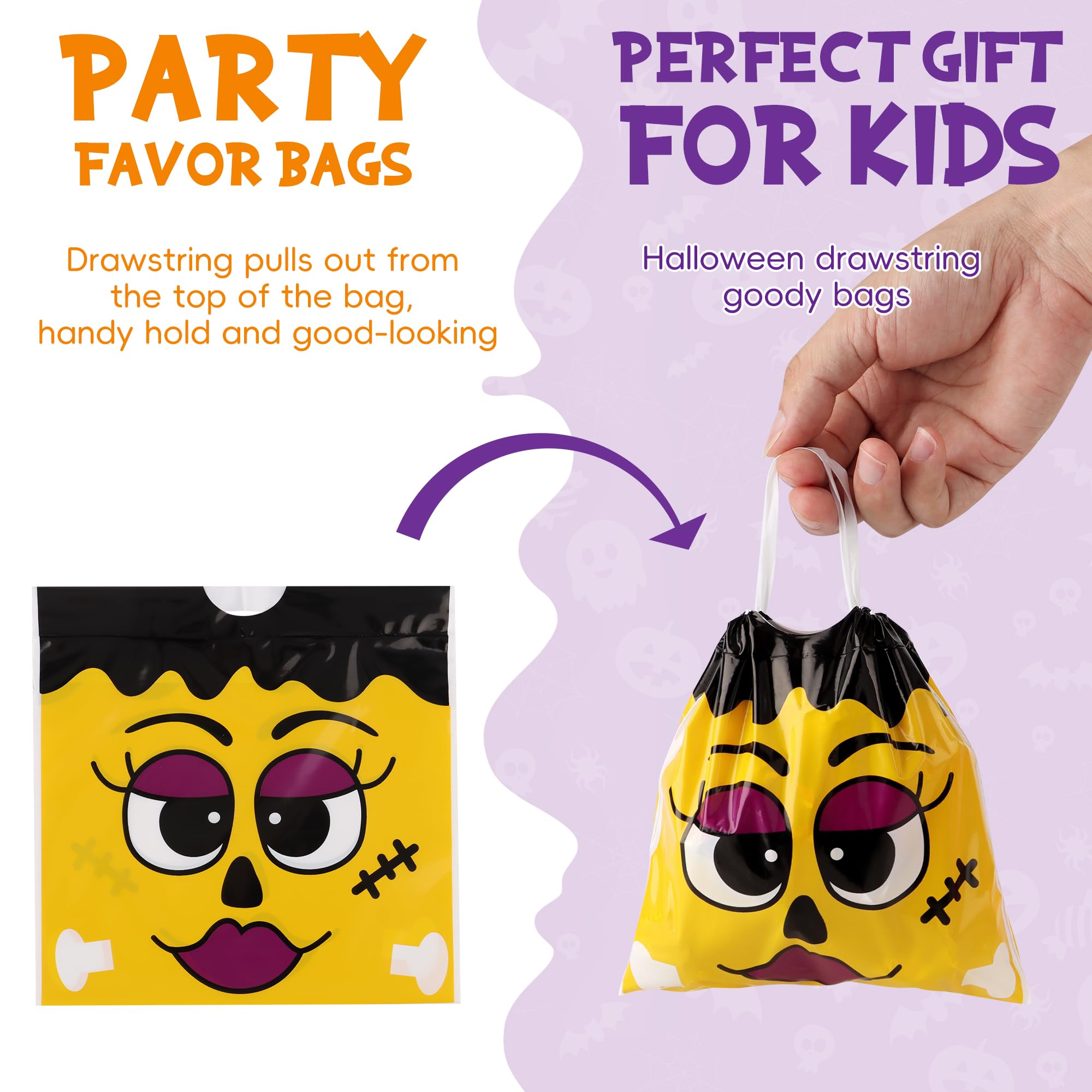 96-Pack Halloween Drawstring Candy Bags – 12 Cute Designs, Durable 6x6" Trick-or-Treat Goodie Bags for Kids & Parties