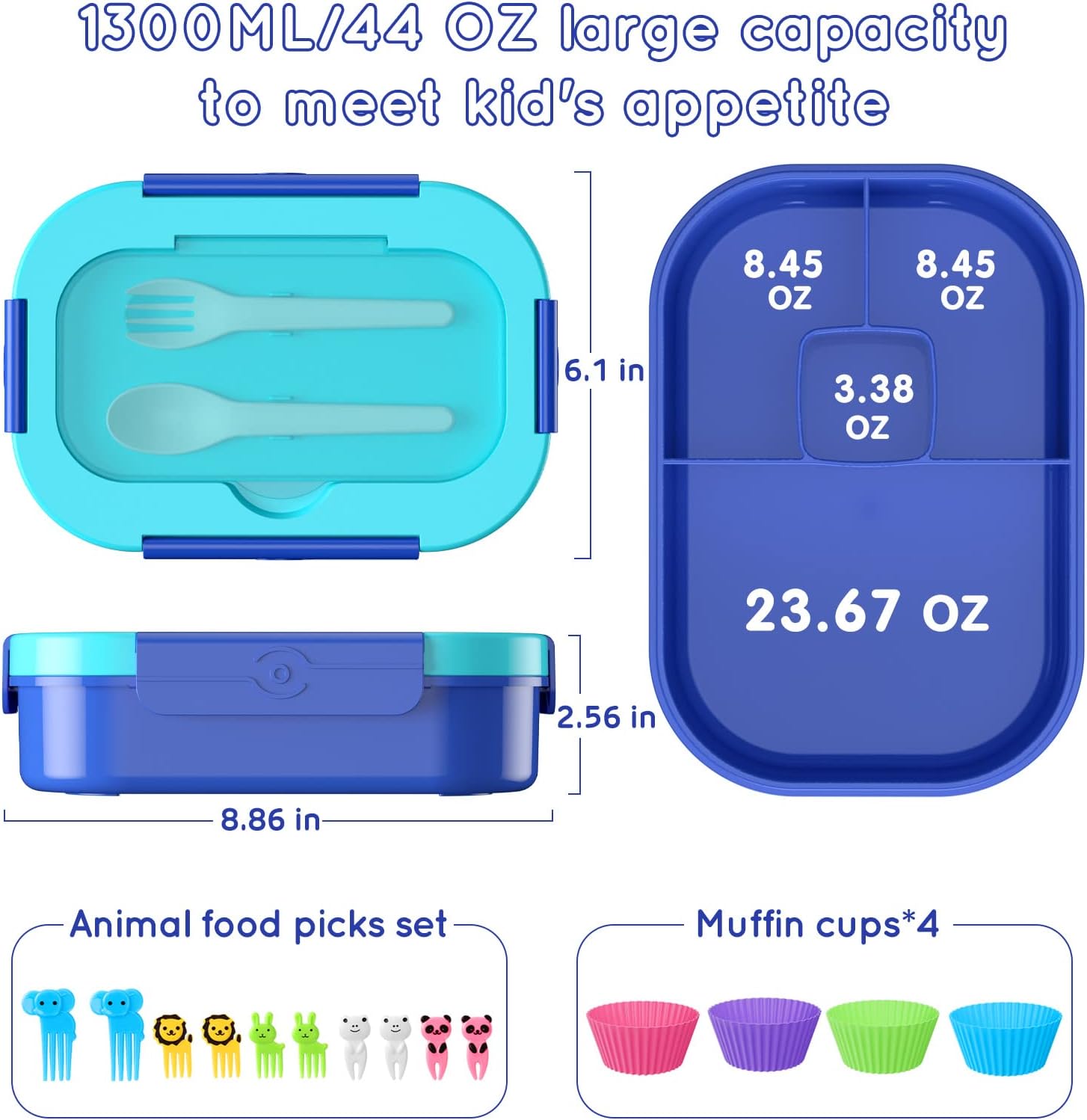 Blue 44 oz Kids Bento Box with Utensils and Food Picks