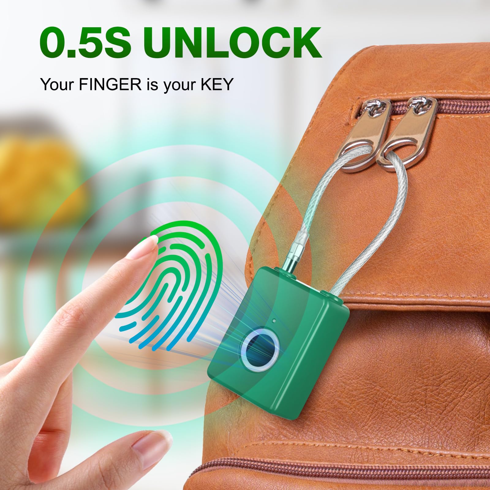 Portable Fingerprint Cable Padlock with USB Rechargeable Battery, Biometric Security Lock for Gym Locker, Backpack & Travel