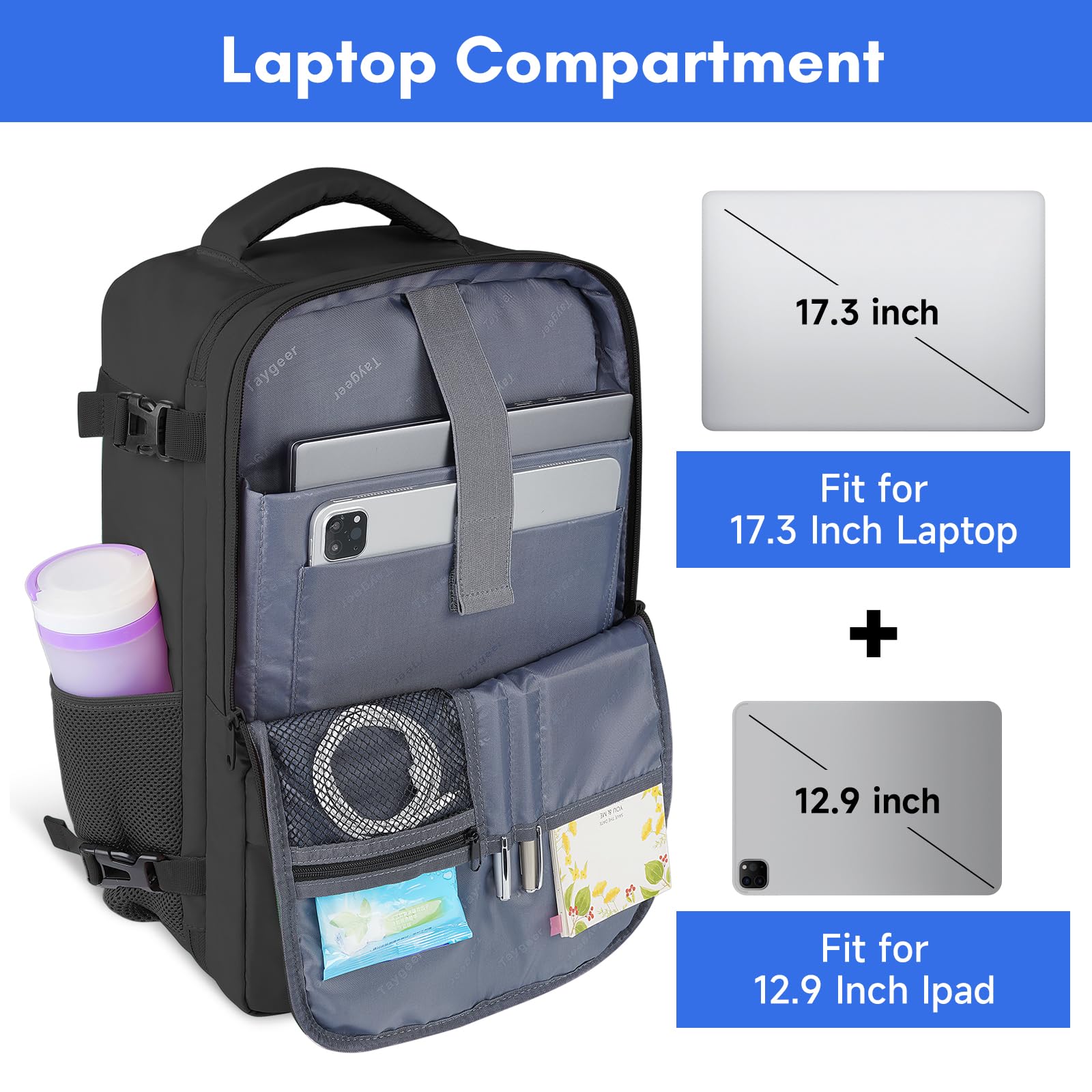 Taygeer Carry-On Travel Backpack with USB Charging Port & Shoe Compartment – 17.3” Laptop, Black