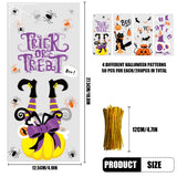 Halloween Treat Bags Set – 200 Cellophane Candy Bags with 240 Twist Ties (4 Festive Designs)