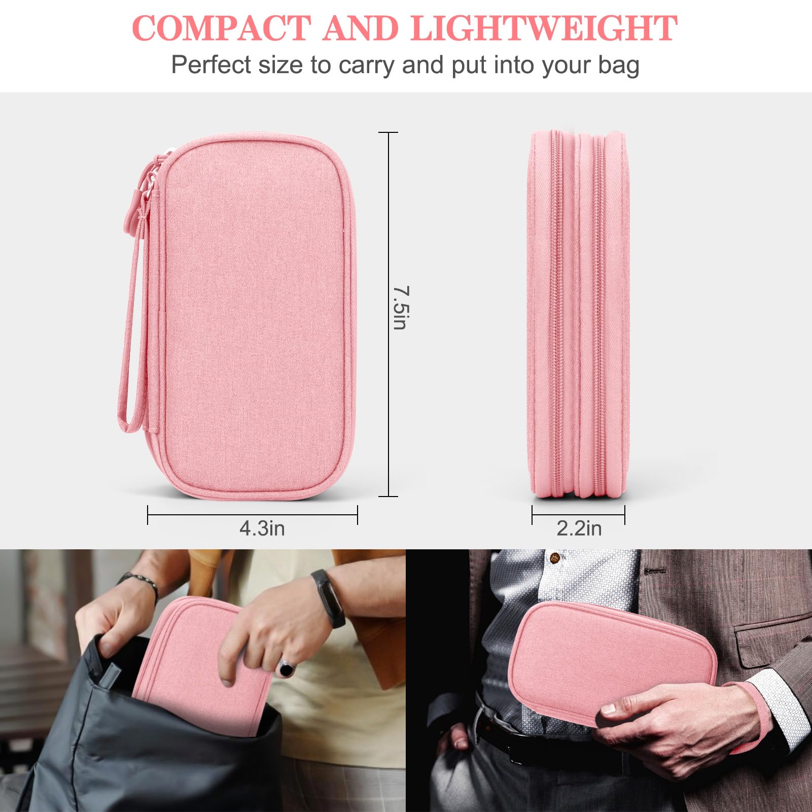 Portable Electronics Organizer Travel Case Double Layer Waterproof Cable Storage Bag Pink