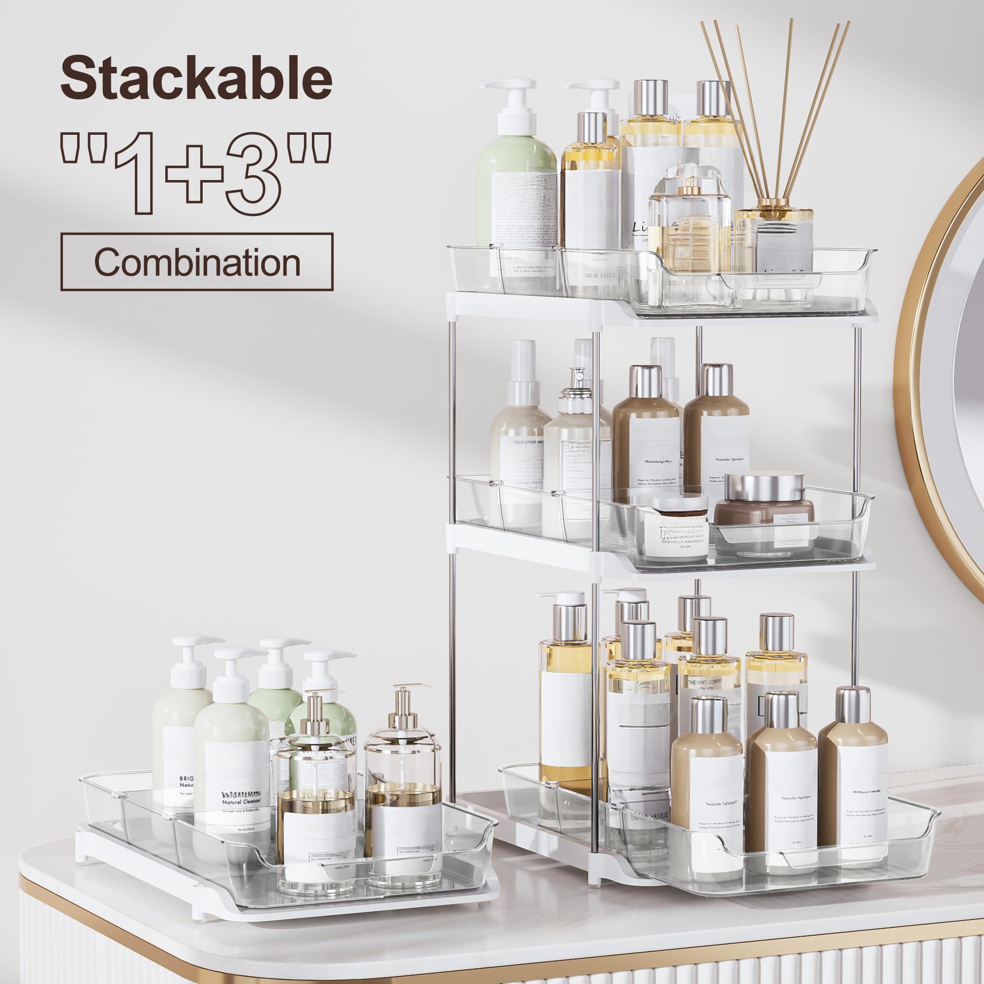DELAMU 2-Tier Stackable Under Sink Organizer (2-Pack) – Pull-Out Acrylic Cabinet Storage with Adjustable Dividers (White)