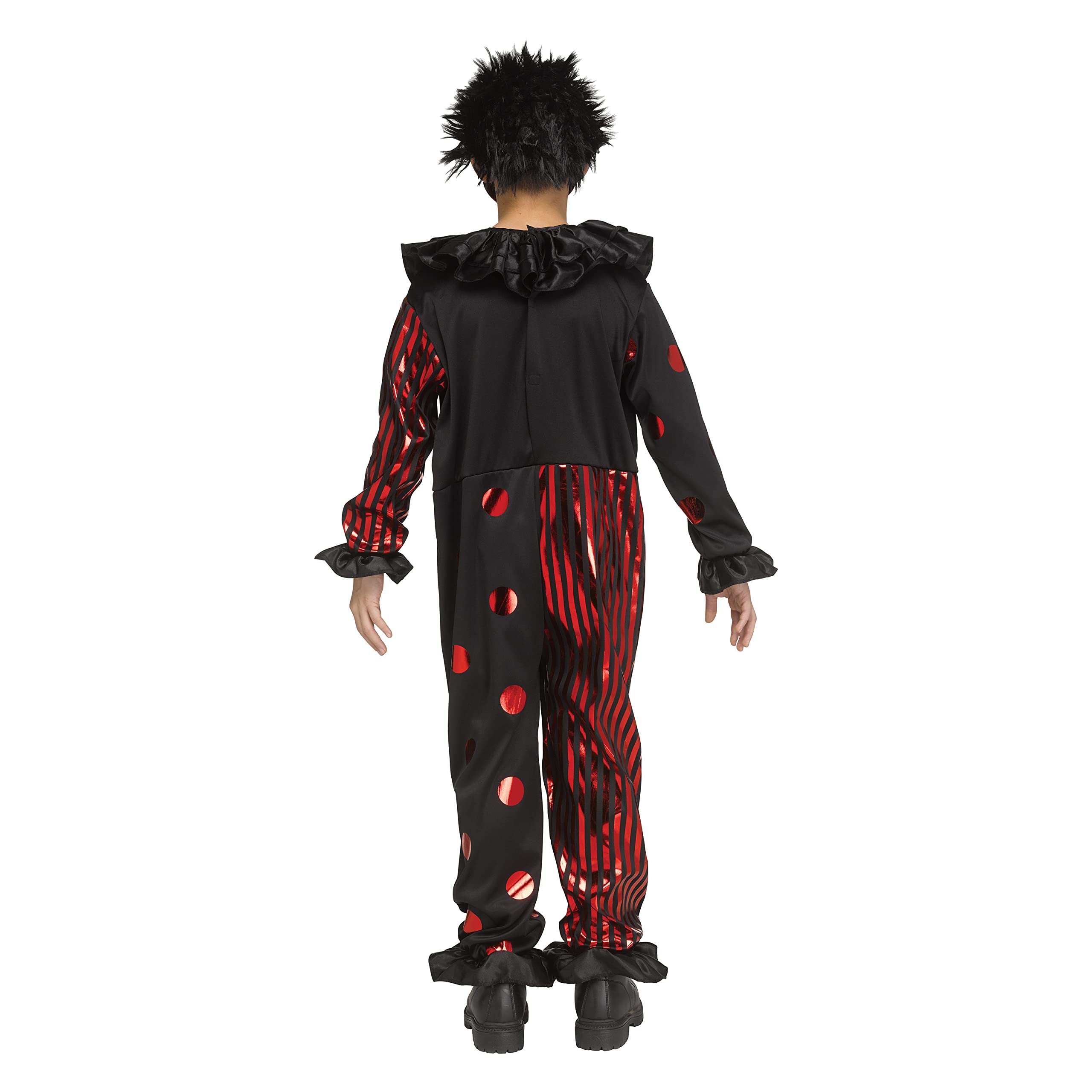 Evil Red & Black Jester Costume – Men’s Halloween Outfit with Chrome Mask, Hair, Collar & Jumpsuit
