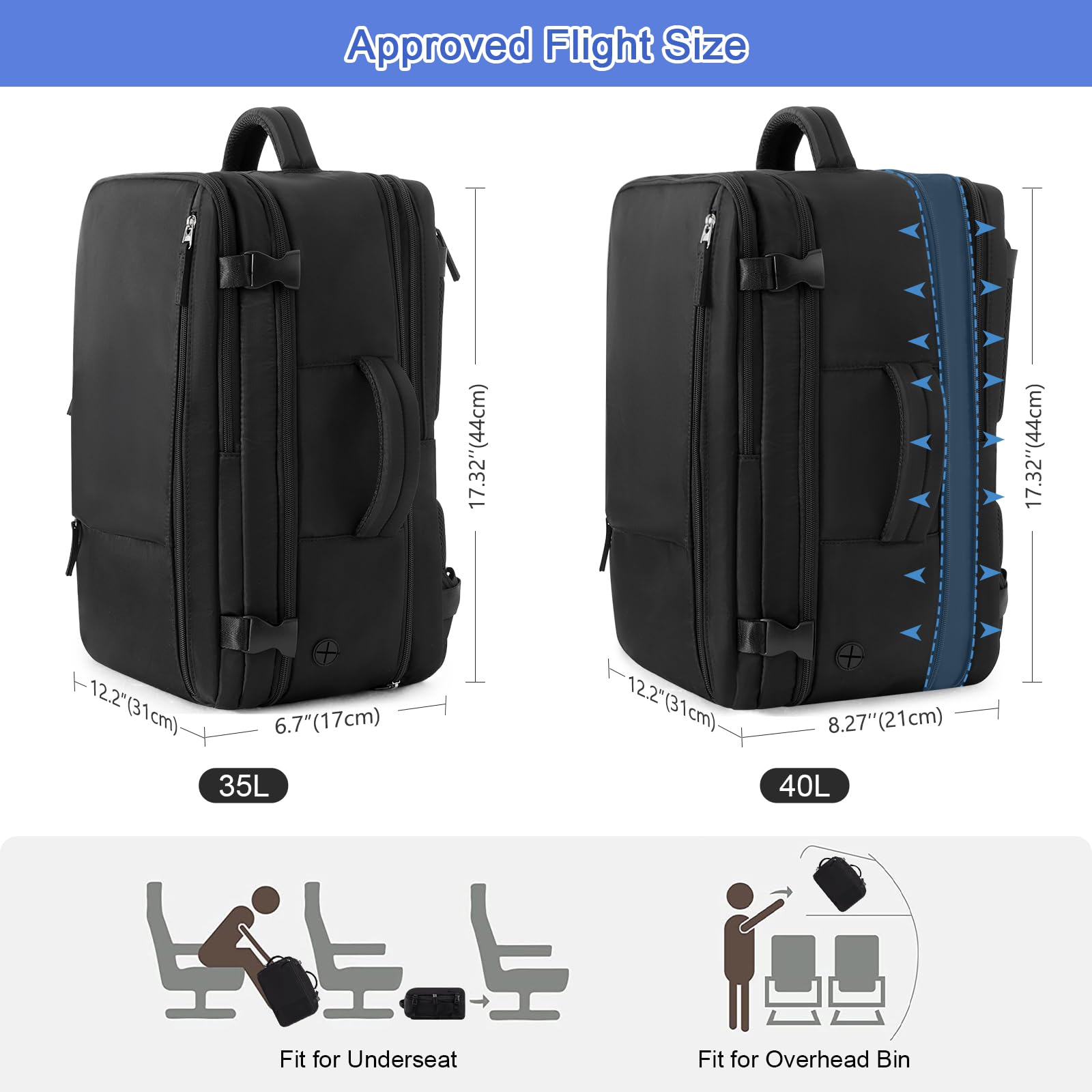SINALIY Expandable 40L Carry-On Travel Backpack with Convertible Carry & 17” Laptop Sleeve – Black