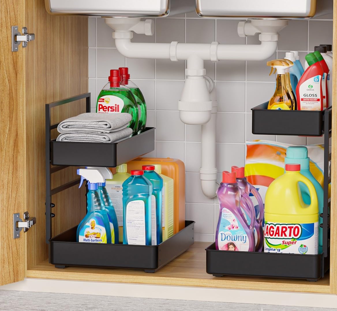 Everie Height-Adjustable 2-Tier Pull-Out Under-Sink Organizer – Heavy-Duty Metal Slide Shelf System