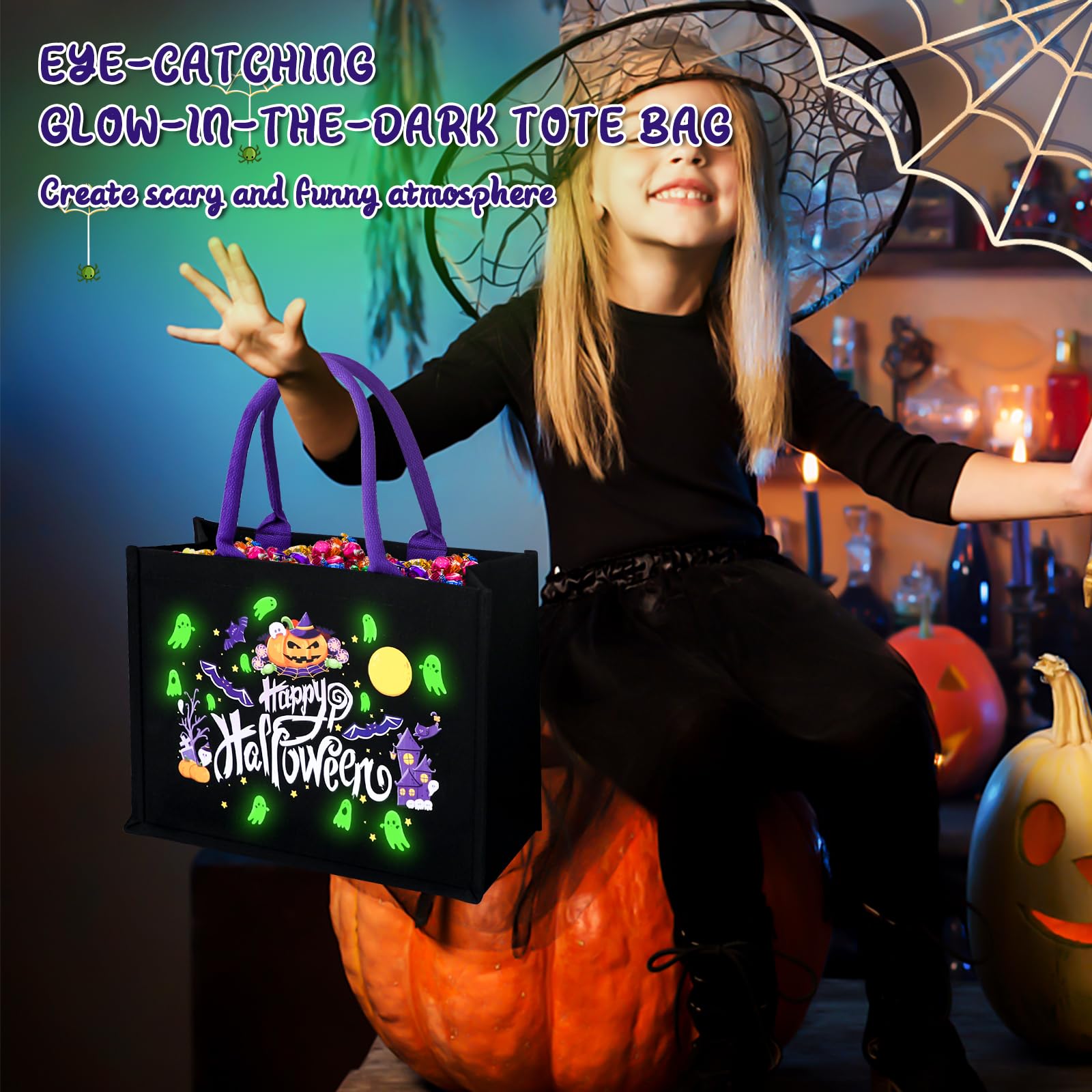 Glow-in-the-Dark Halloween Tote Bag – Large Black Canvas Trick-or-Treat Bag with Ghost & Pumpkin Design (Reusable)