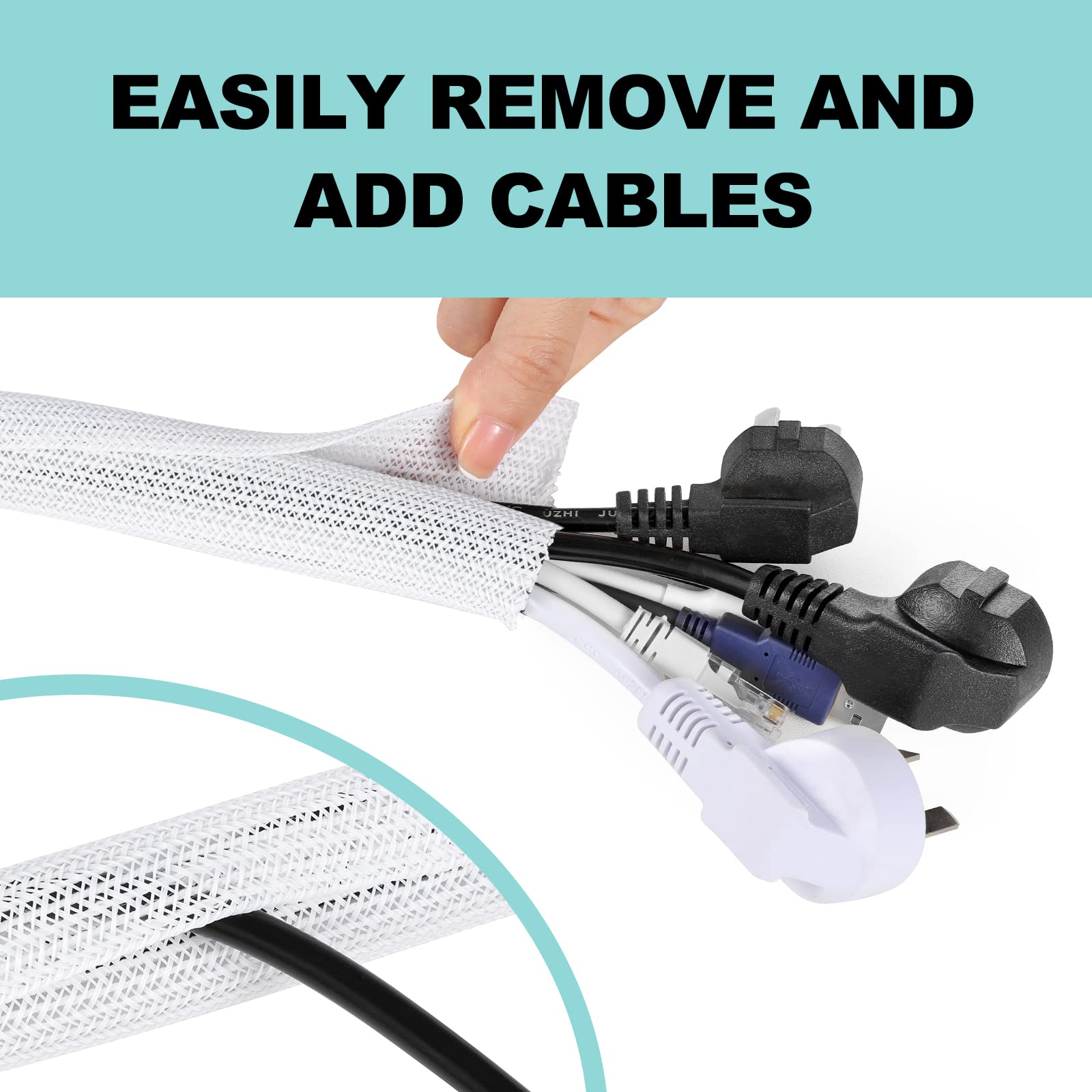 AGPTEK Self-Closing Cable Sleeve Cover – Pet-Proof Wire Management Tubing for Home & Office (White, 2-Pack)