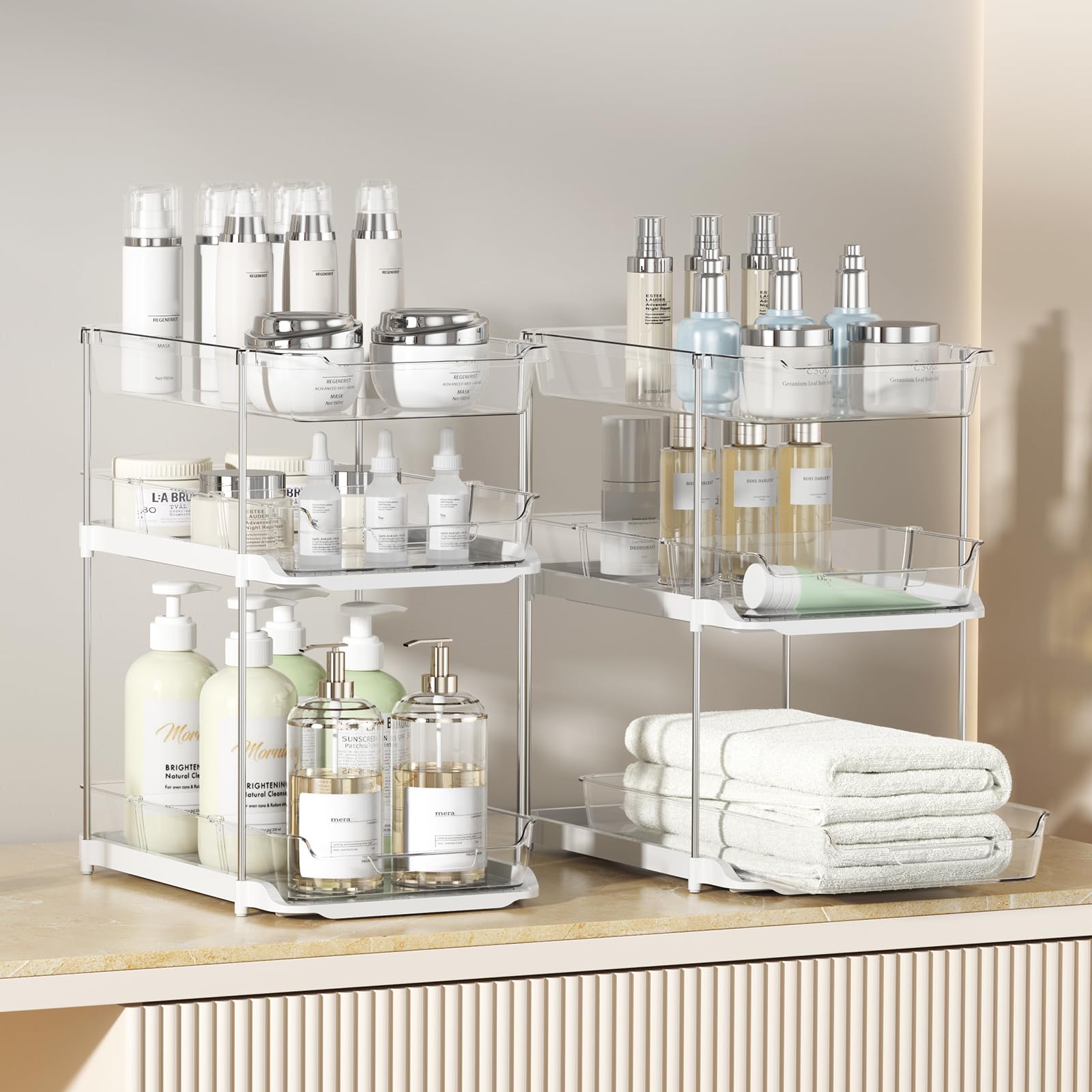 Delamu Modular 3-Tier Pull-Out Under Sink Organizer Set – Stackable Clear Storage System for Kitchen & Bathroom (White)