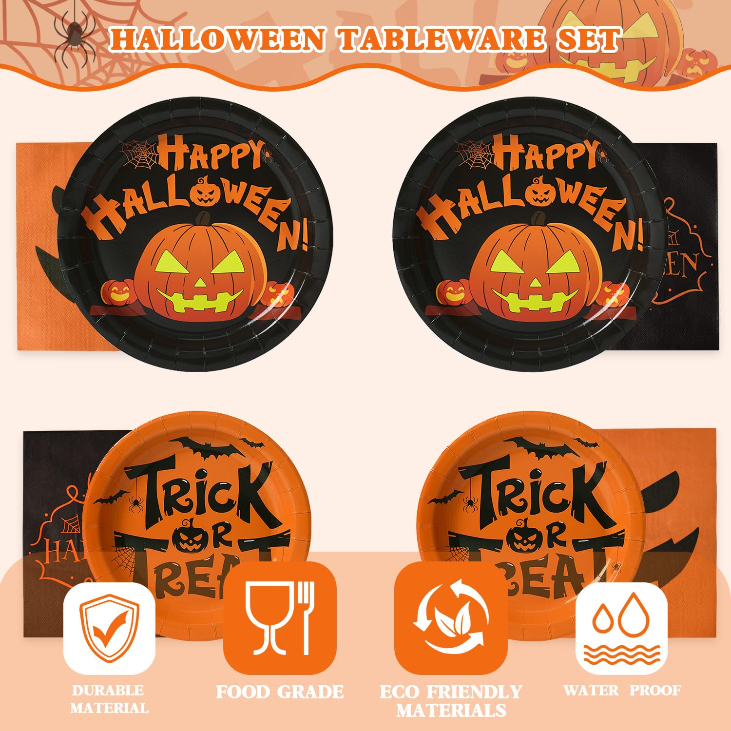 Halloween Jack O’Lantern Tableware Set – 96 Pcs Plates & Napkins for 24 Guests Party Supplies