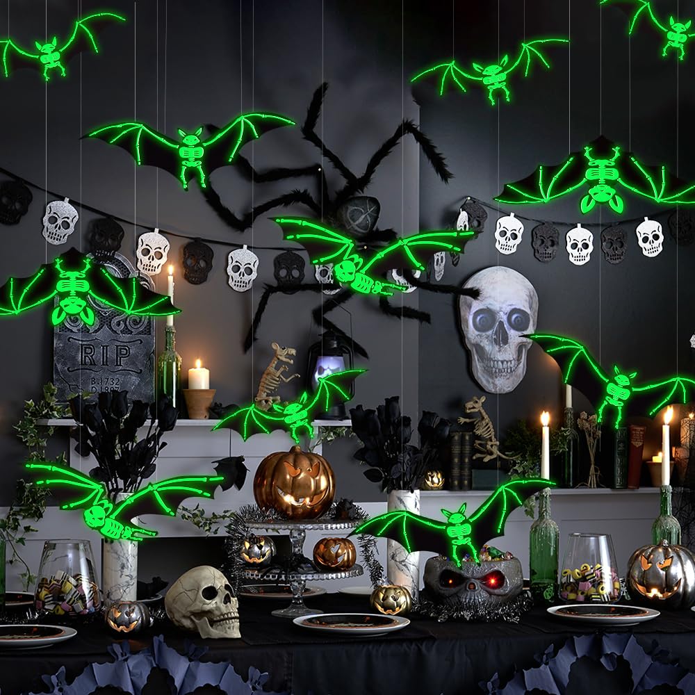 Halloween Glowing Hanging Bats – 12 Pack (Black, Glow-in-the-Dark Eyes)