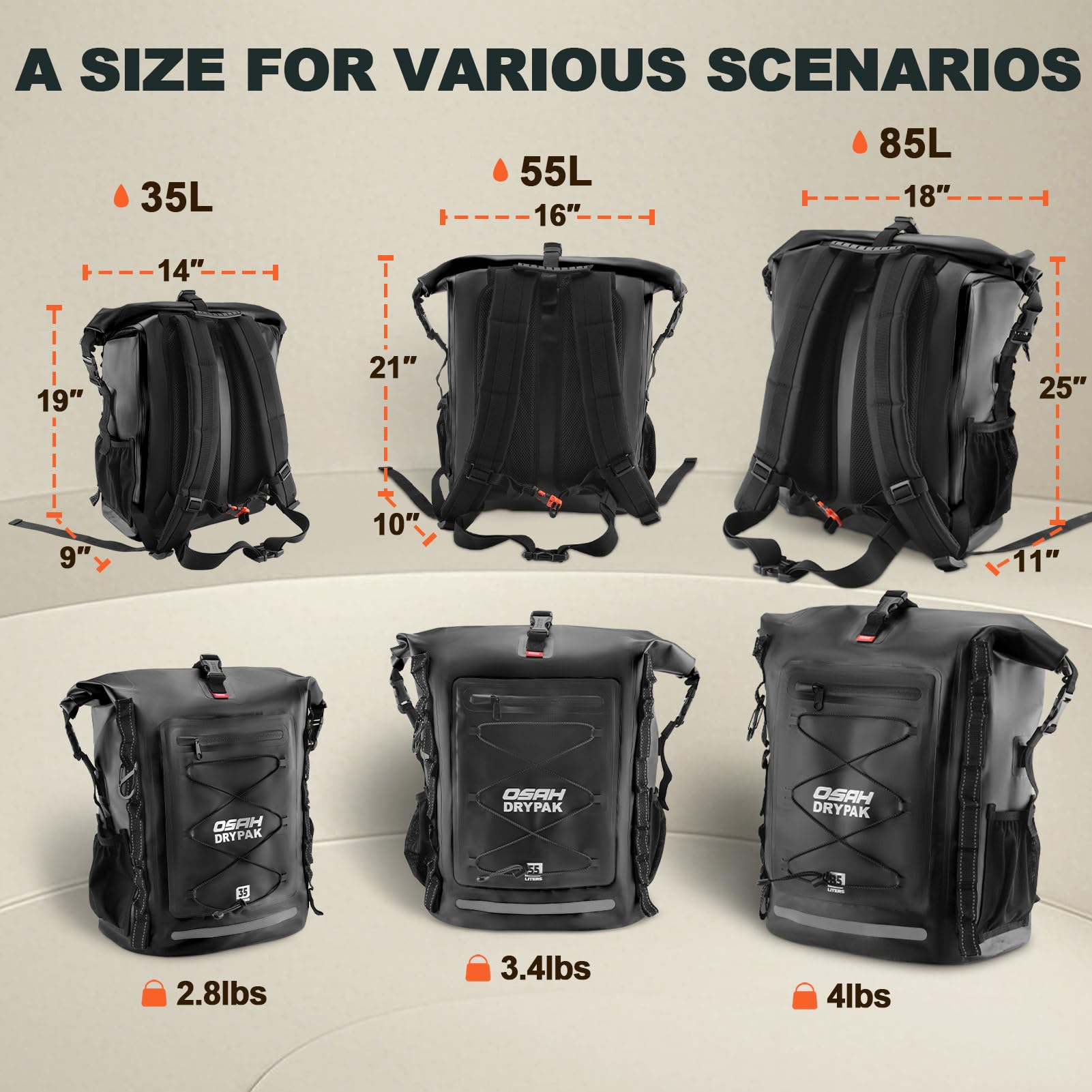 OSAH DryPak Heavy-Duty Waterproof Backpack Roll-Top Hiking & Outdoor Dry Bag – 35L / 55L / 85L – Black