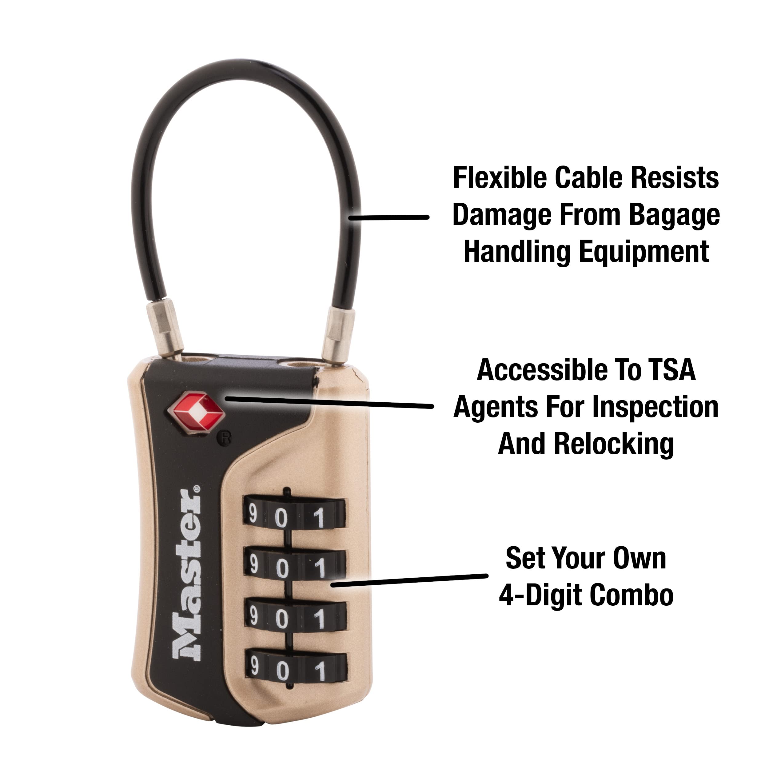 Master Lock TSA Approved 4-Digit Combination Luggage Lock with Flexible Cable, Travel Security Padlock