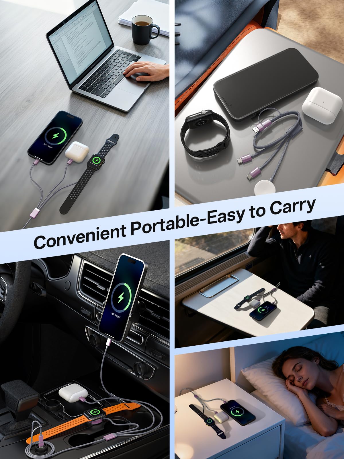3-in-2 Fast Charging Cable with Dual USB-C & Magnetic Watch Charger – Multi Device Travel Charging Cord Grey