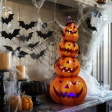 Hand-Carved Light-Up Stacked Pumpkins – 9.5" Resin Halloween Decoration with Colorful LED Glow